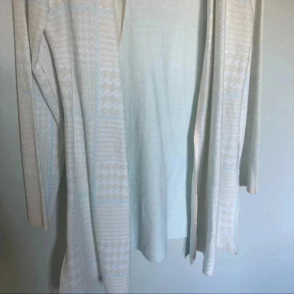 NWT Anne Klein light blue palette beige houndstooth long open  cardigan - Picture 3 of 8